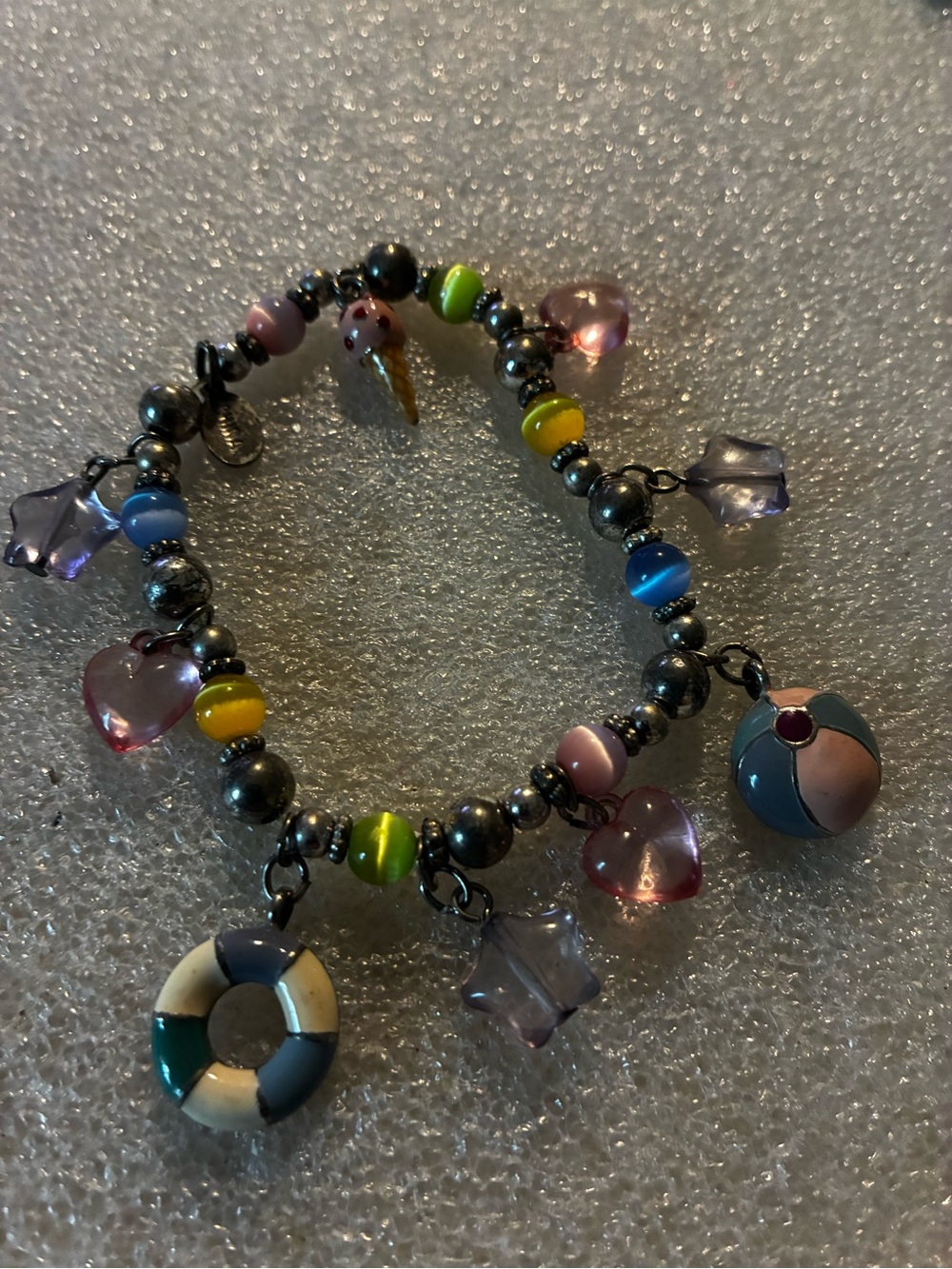 Colorful Beaded Charm Bracelet with Pink Hearts and Blue Accents